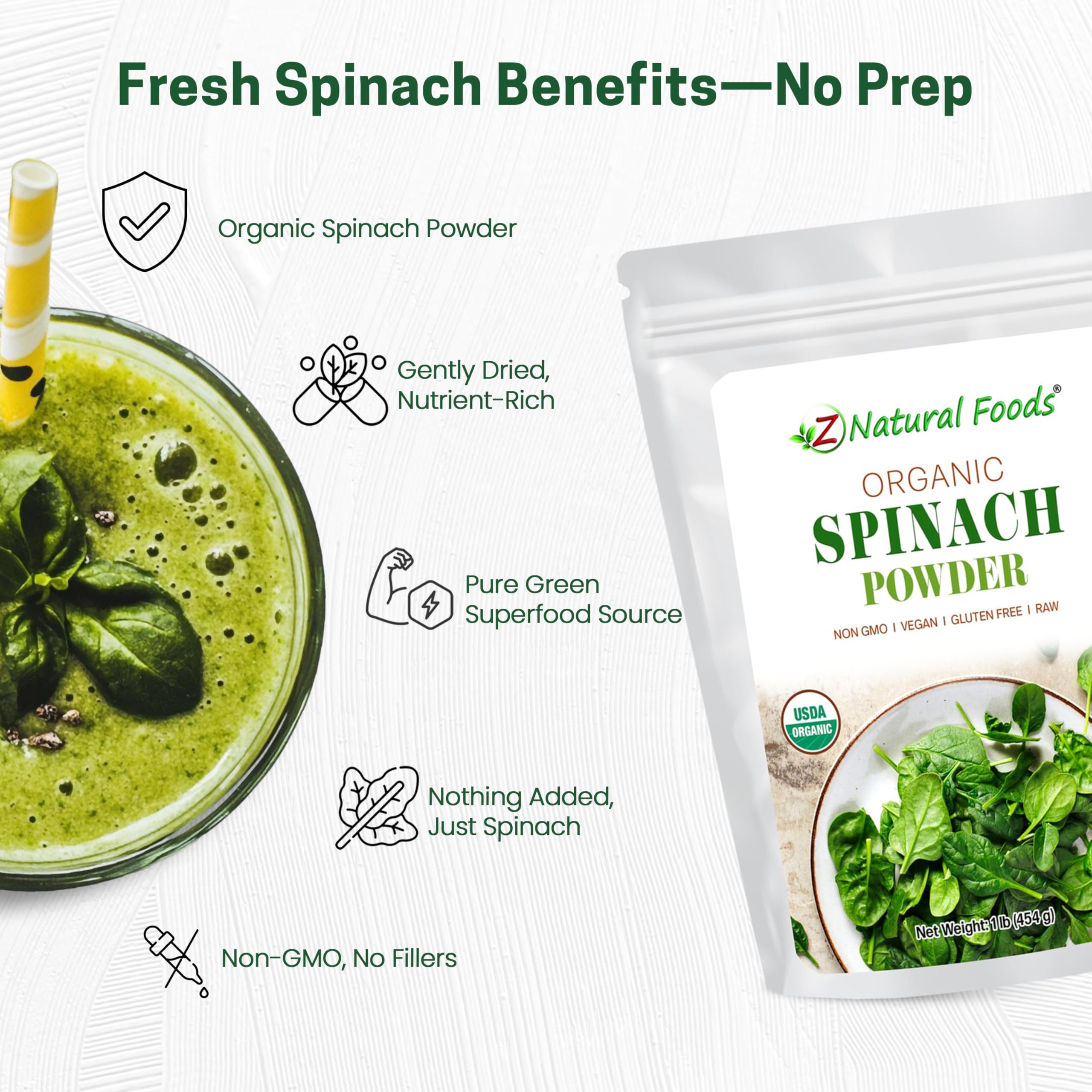 Z Natural Foods powder blended into a green smoothie showcasing easy use