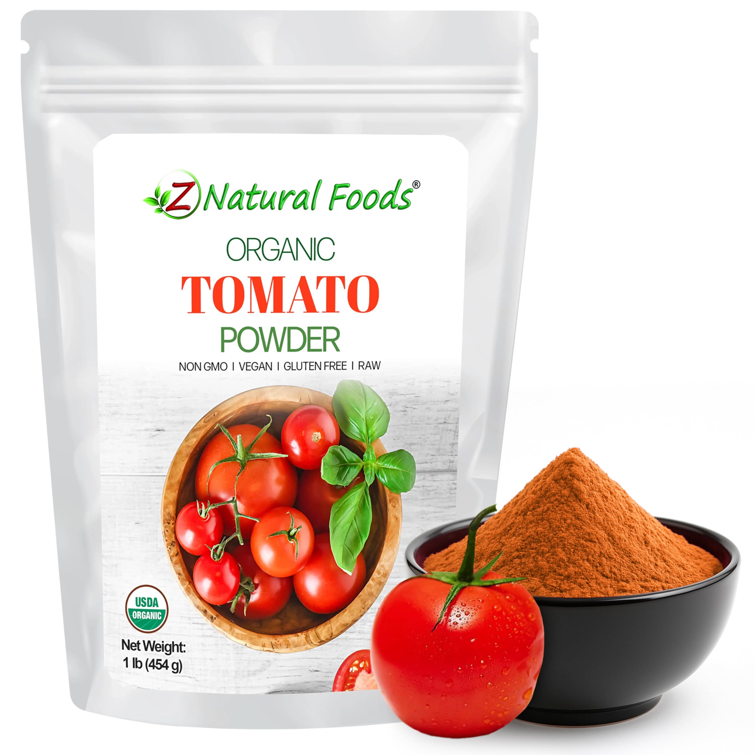 Z Natural Foods pouch front view showing organic tomato powder and resealable pack benefit