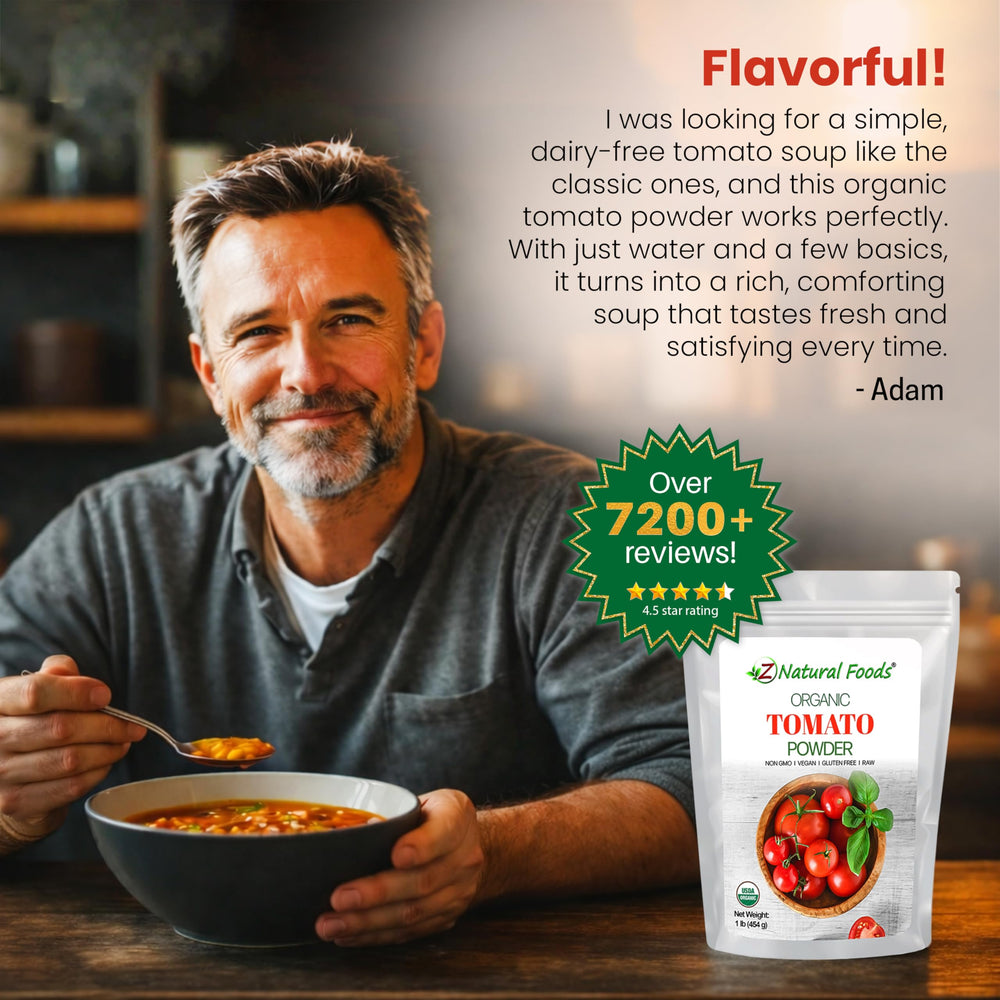 Z Natural Foods pouch next to common items showing 16 oz scale and storage convenience benefit