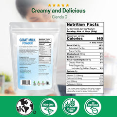 Z Natural Foods powder texture close-up illustrating fine, creamy goat milk powder