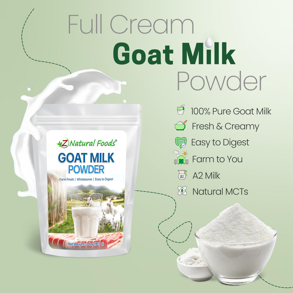 Z Natural Foods pouring reconstituted goat milk into a glass for a creamy drink