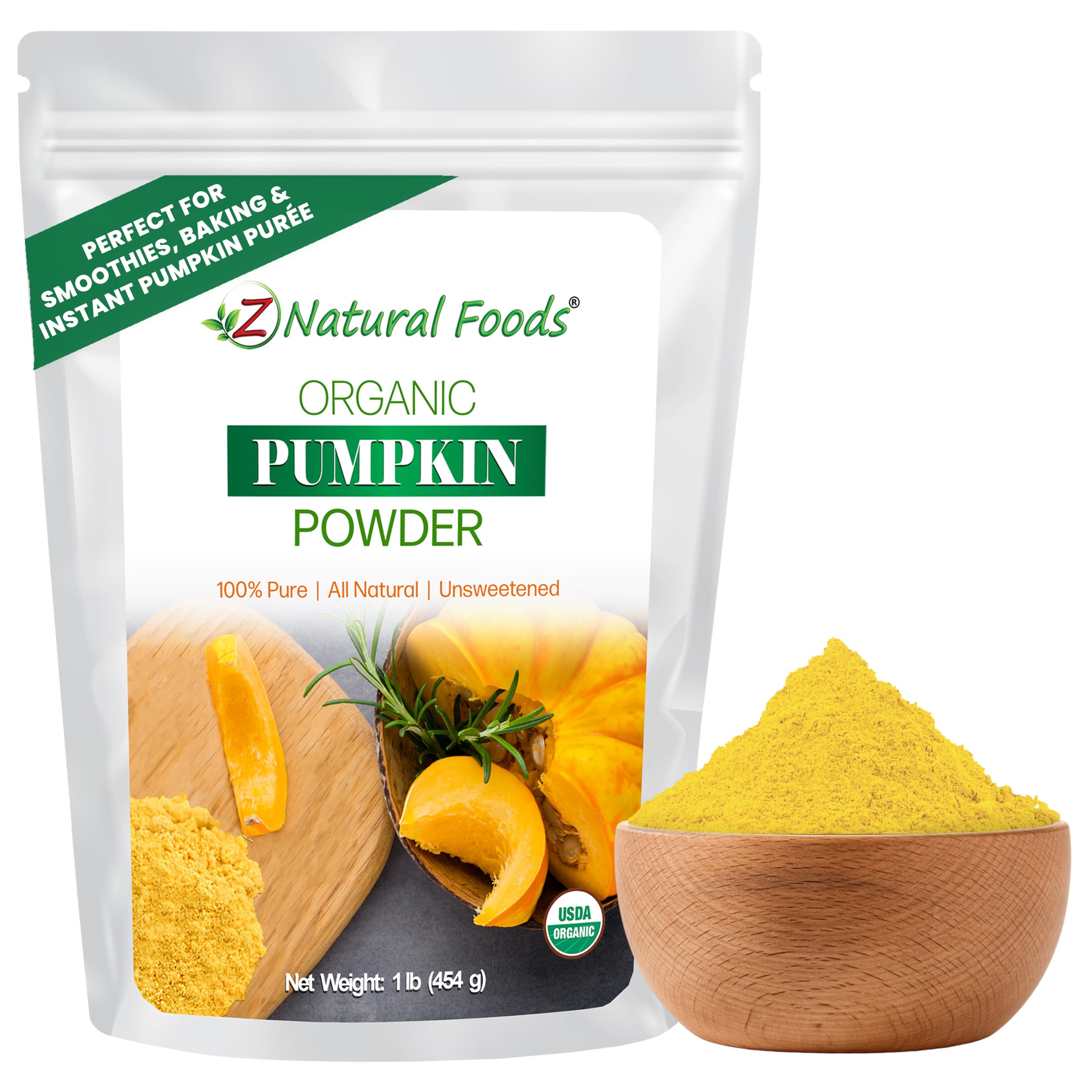 Z Natural Foods front packaging showing organic pumpkin powder and benefits