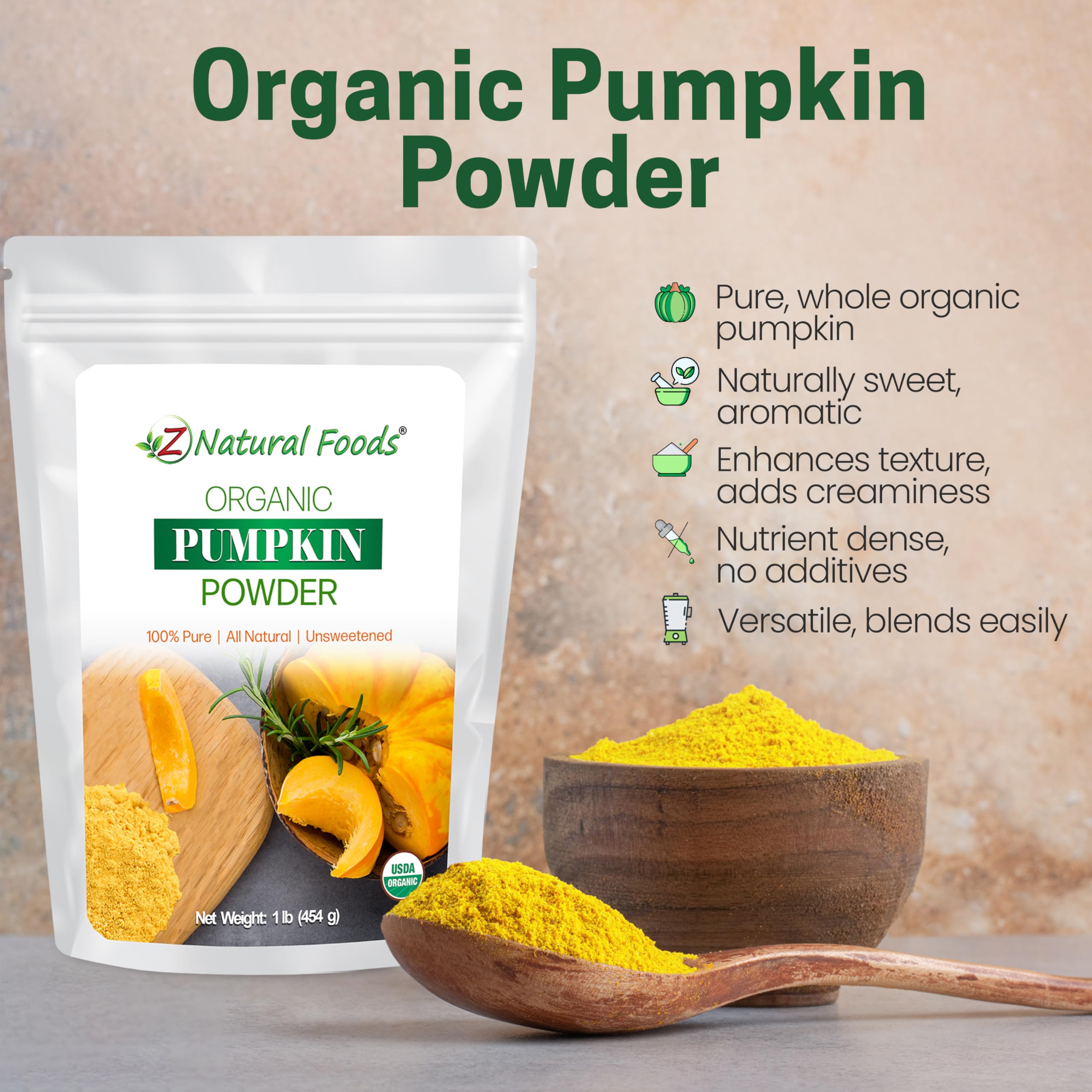 Z Natural Foods pumpkin powder in bowl with spoon for easy measuring