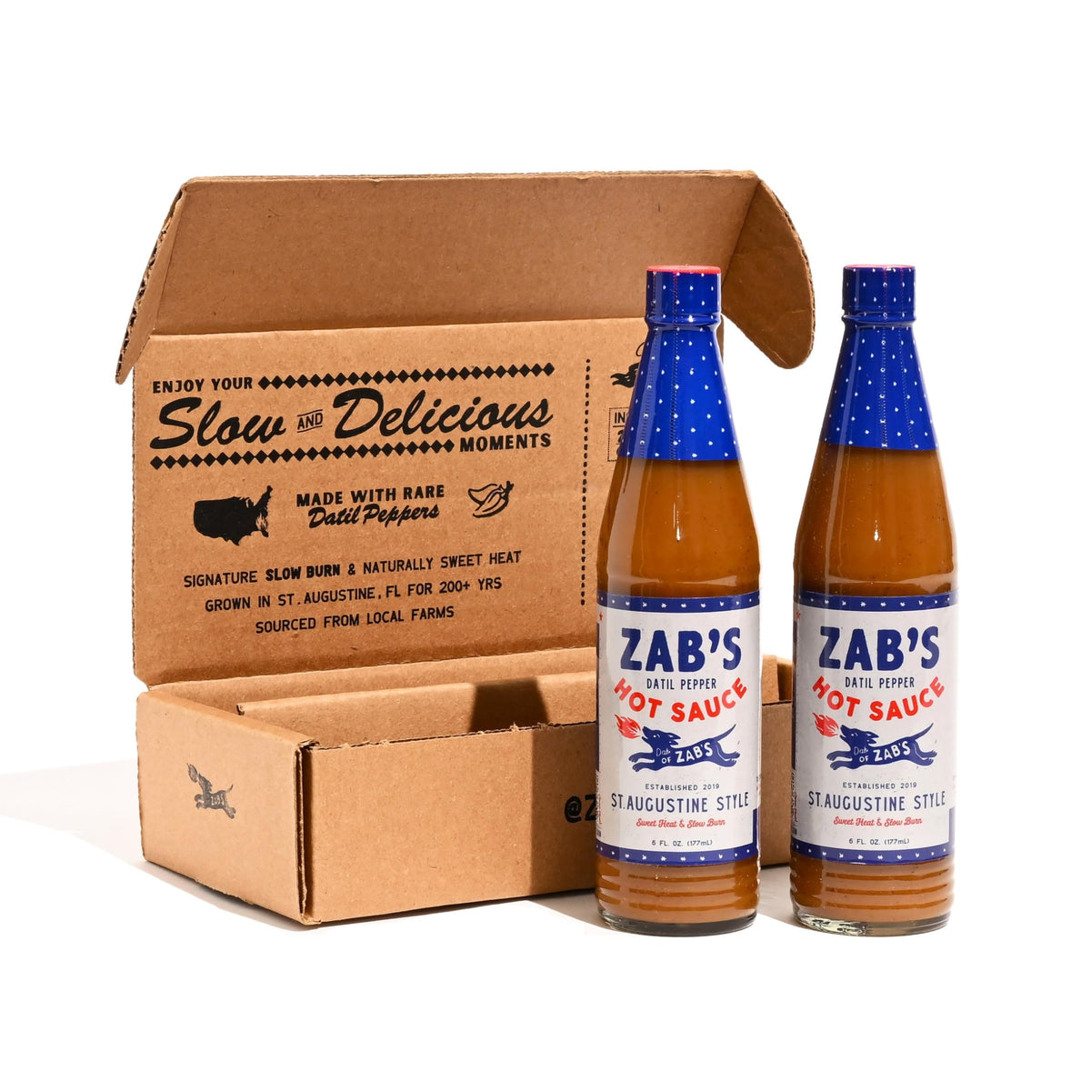Zab's front packaging showing both 6oz St. Augustine Style bottles and gift-ready look