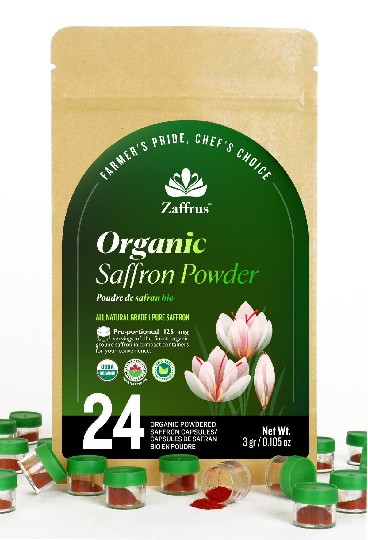 Zaffrus front packaging showing 24 single-serve saffron pods and branding benefit convenience