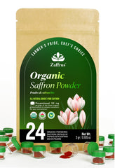 Zaffrus front packaging showing 24 single-serve saffron pods and branding benefit convenience