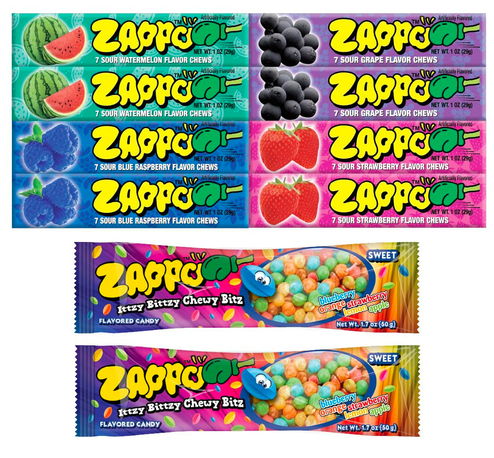 Zappo front packaging showing colorful 10-pack and convenience benefit