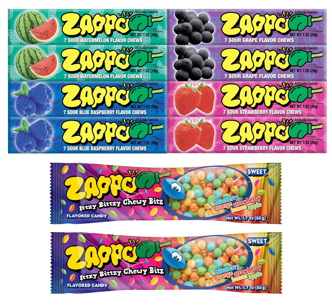 Zappo front packaging showing colorful 10-pack and convenience benefit