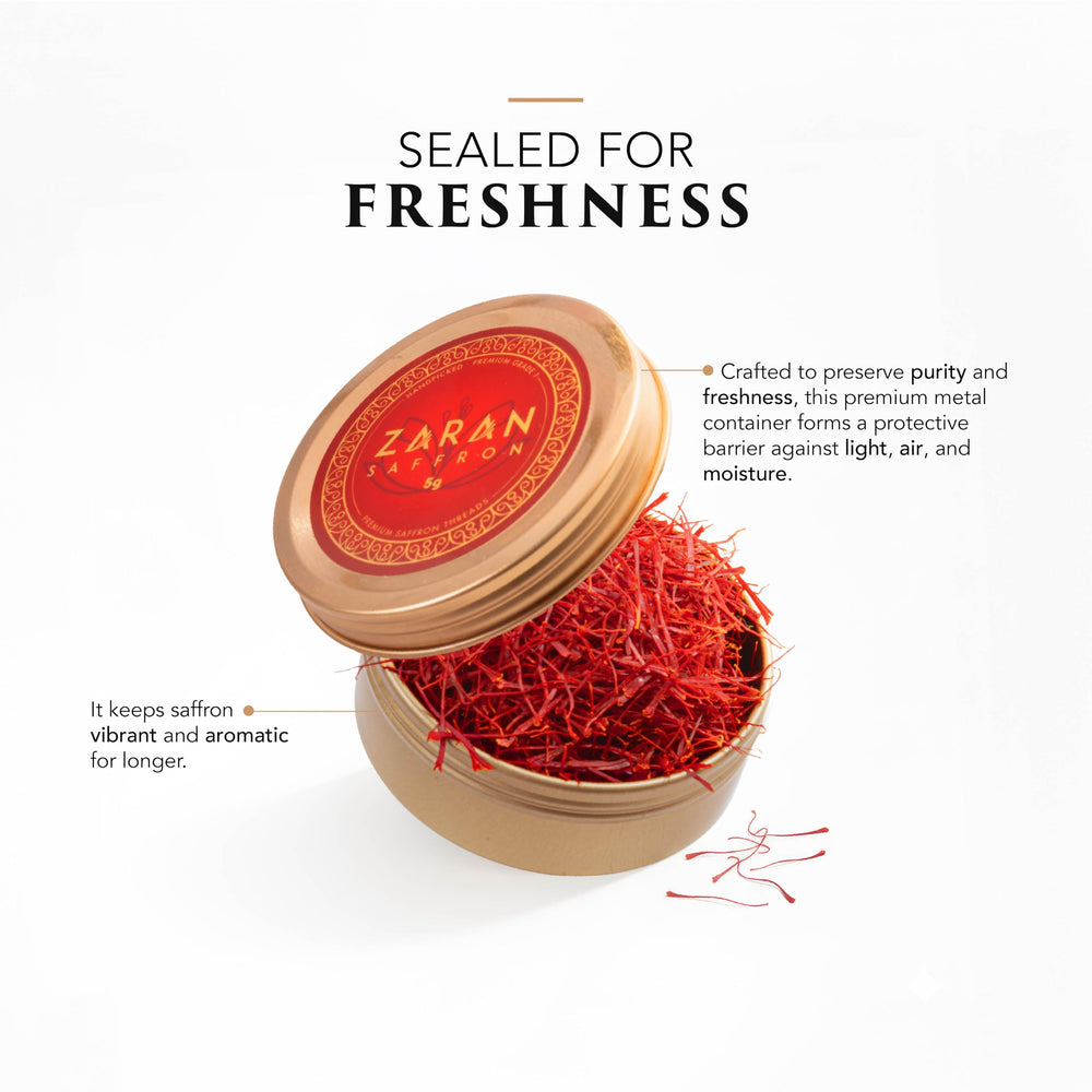 Zaran Saffron label close-up showing Super Negin grade and lab-tested assurance