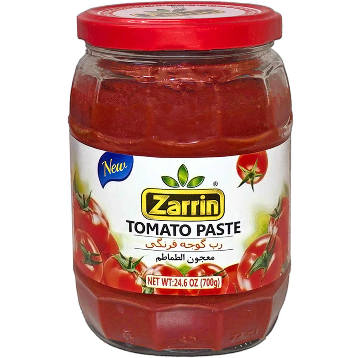 Zarrin front label on glass jar showing natural tomato paste and clear branding benefits storage