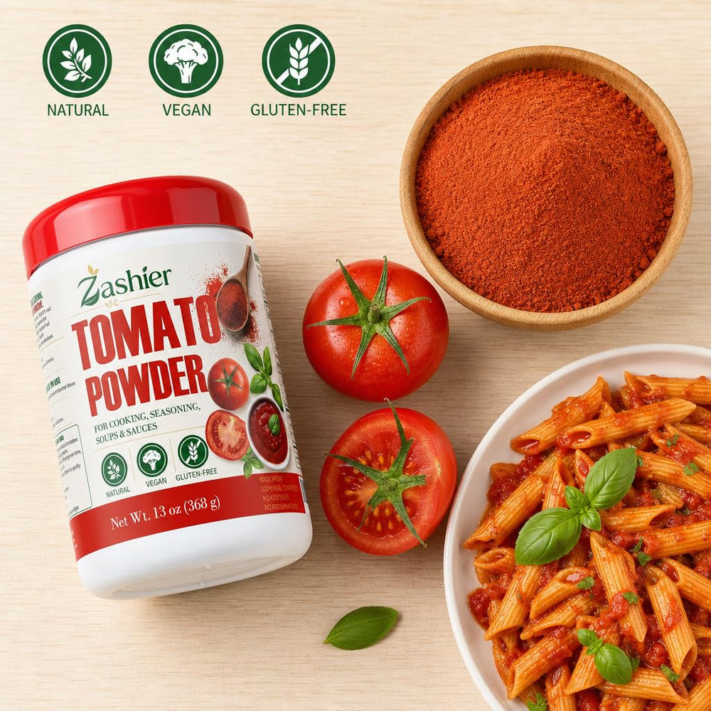 Close-up of Zashier tomato powder texture, showing fine grind for smooth blending