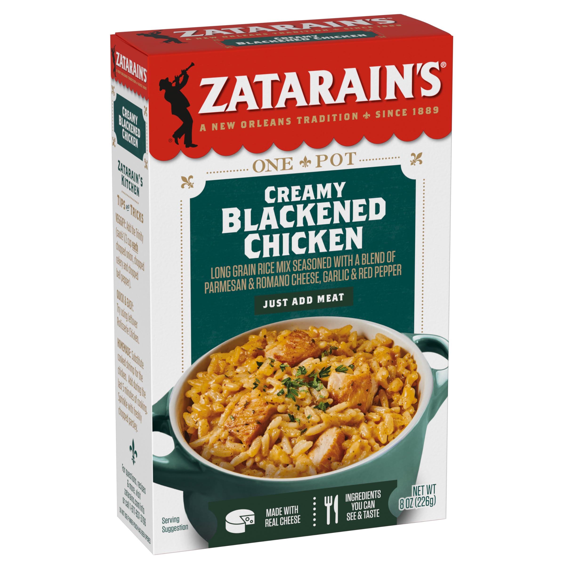 Zatarain's front packaging showing creamy blackened chicken rice and cooking time