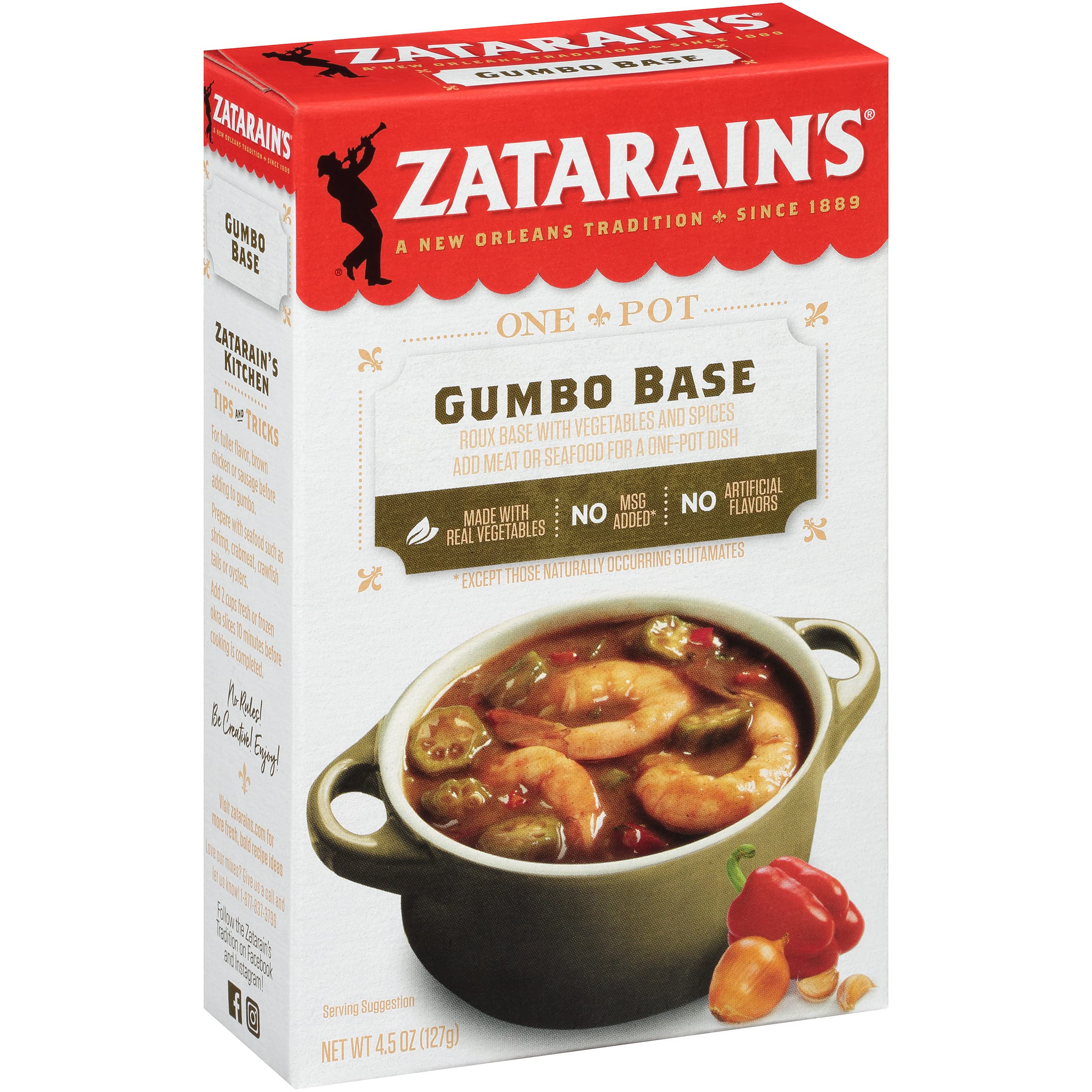Zatarain's front packaging showing 4.5 oz gumbo base, helps quick authentic gumbo