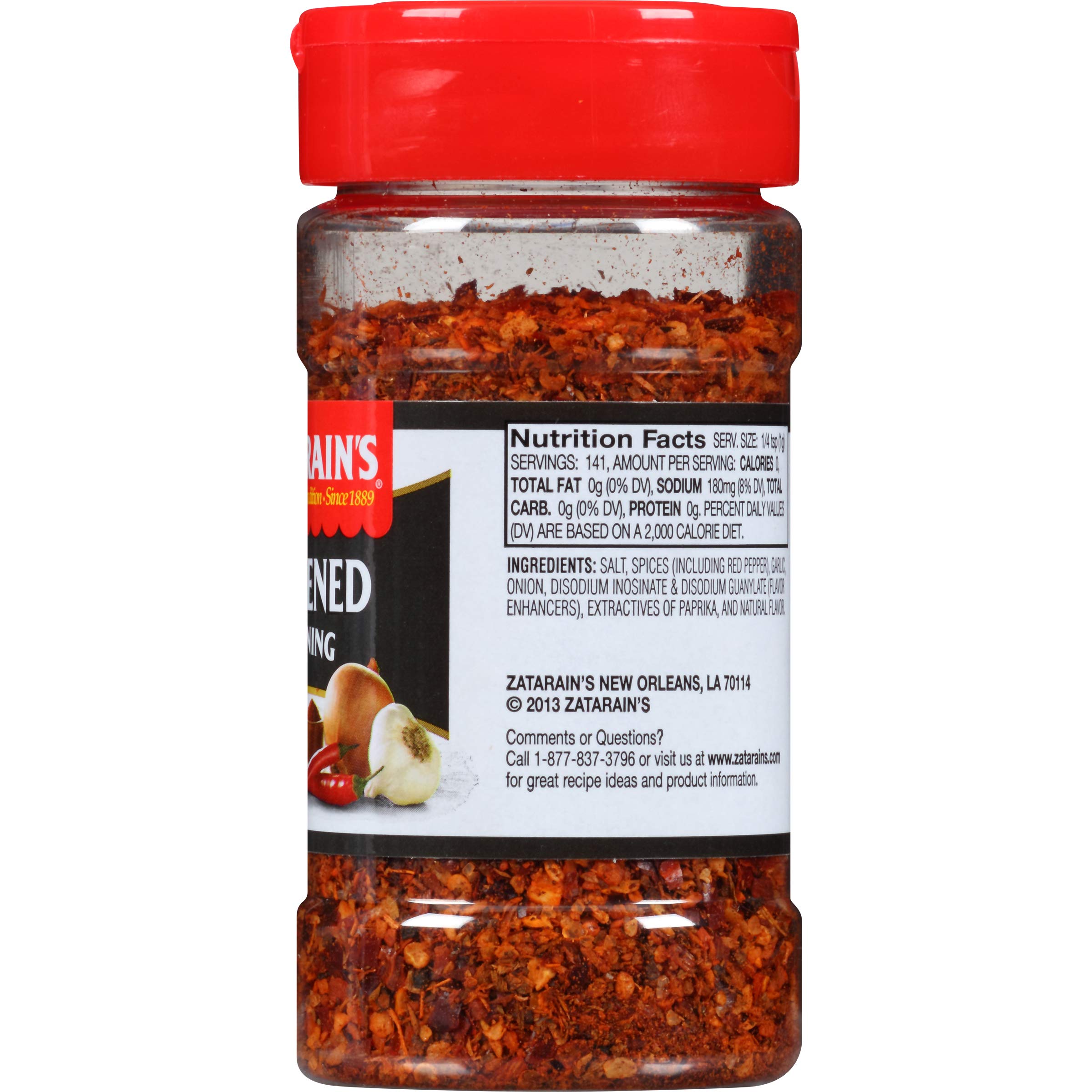 Open Zatarain's jar with spice pouring to illustrate easy application