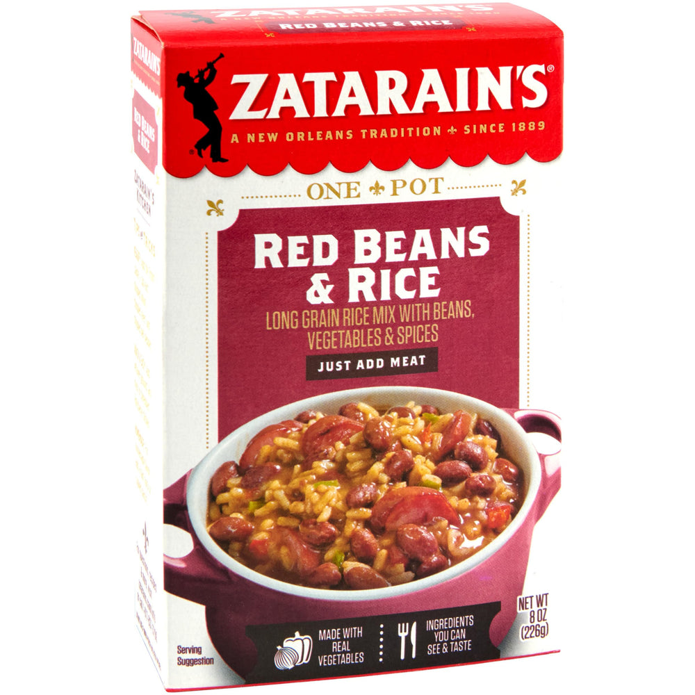 Zatarain's open box showing rice and beans mix and quick meal option