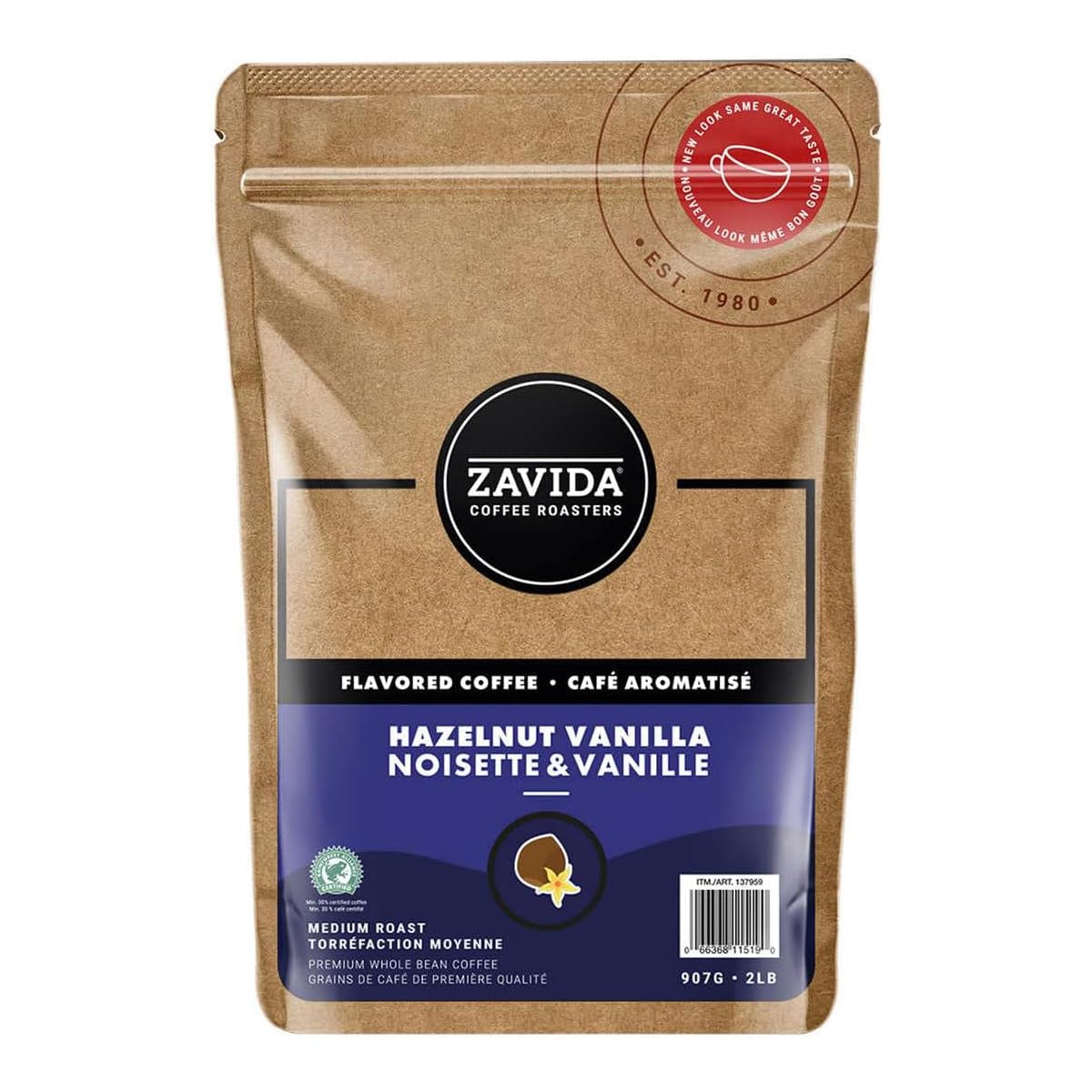 Zavida front packaging showing hazelnut vanilla label and freshness benefit