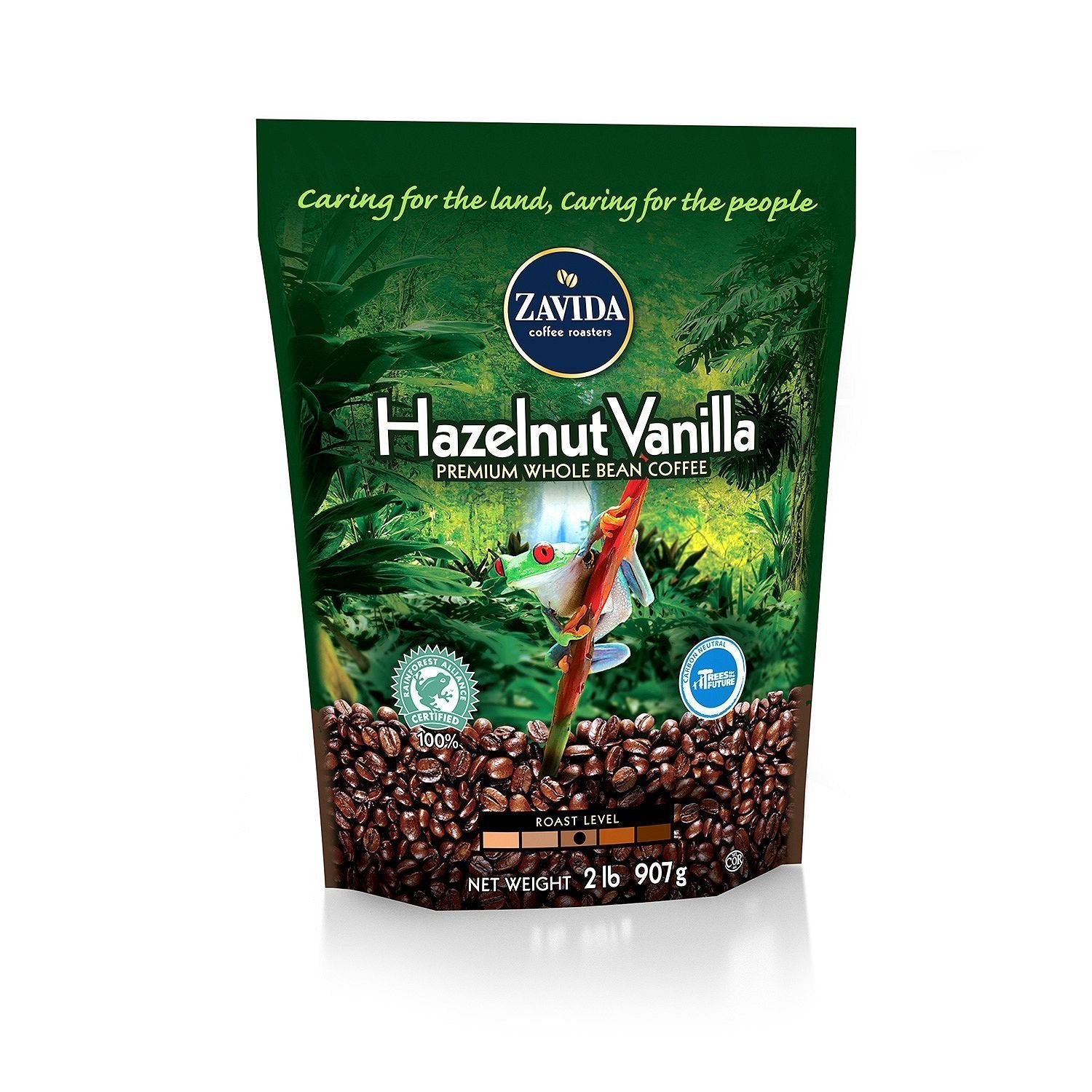 Zavida bag front view showing label and resealable bag keeping beans fresh