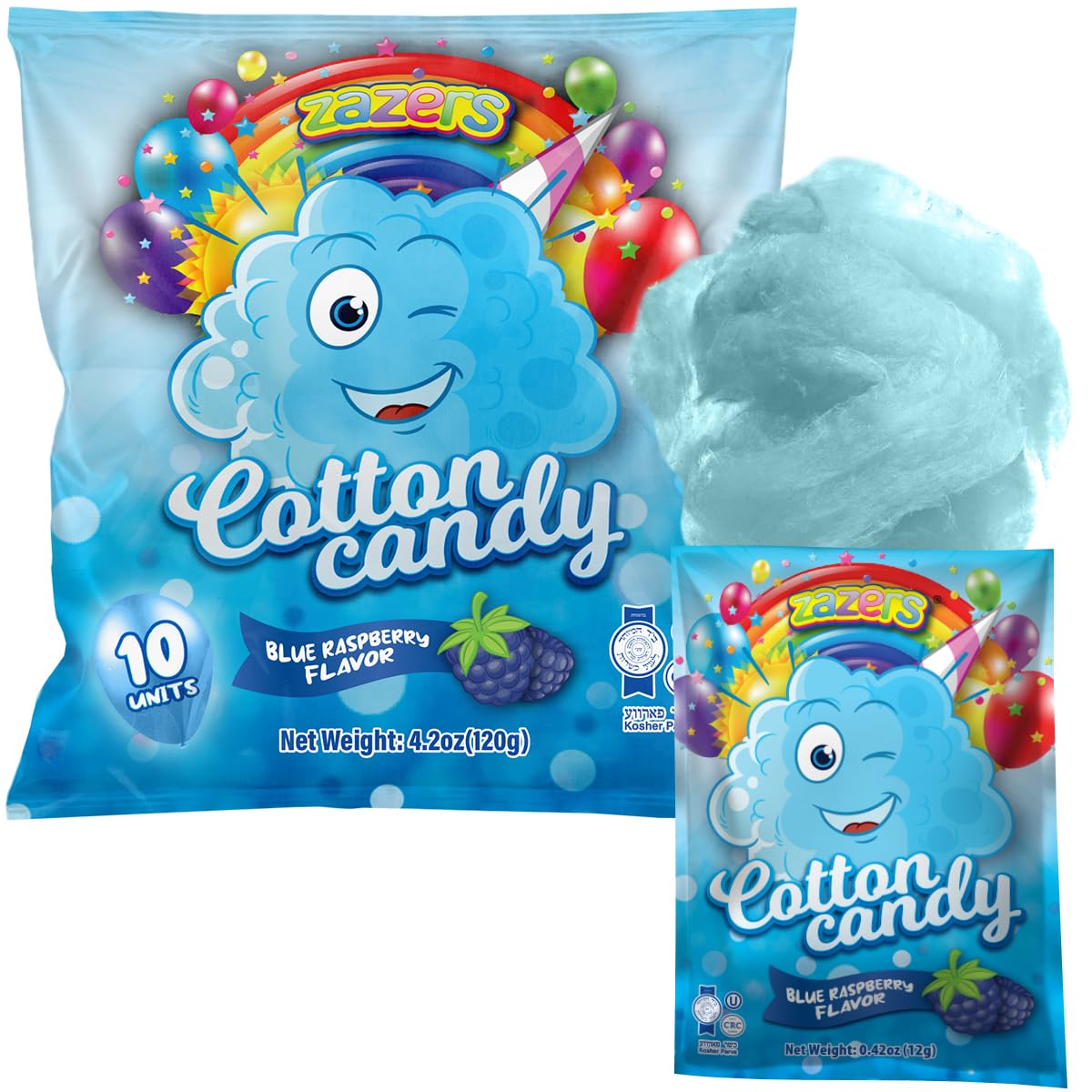 Zazers front packaging showing 10-count blue cotton candy, convenient party portion