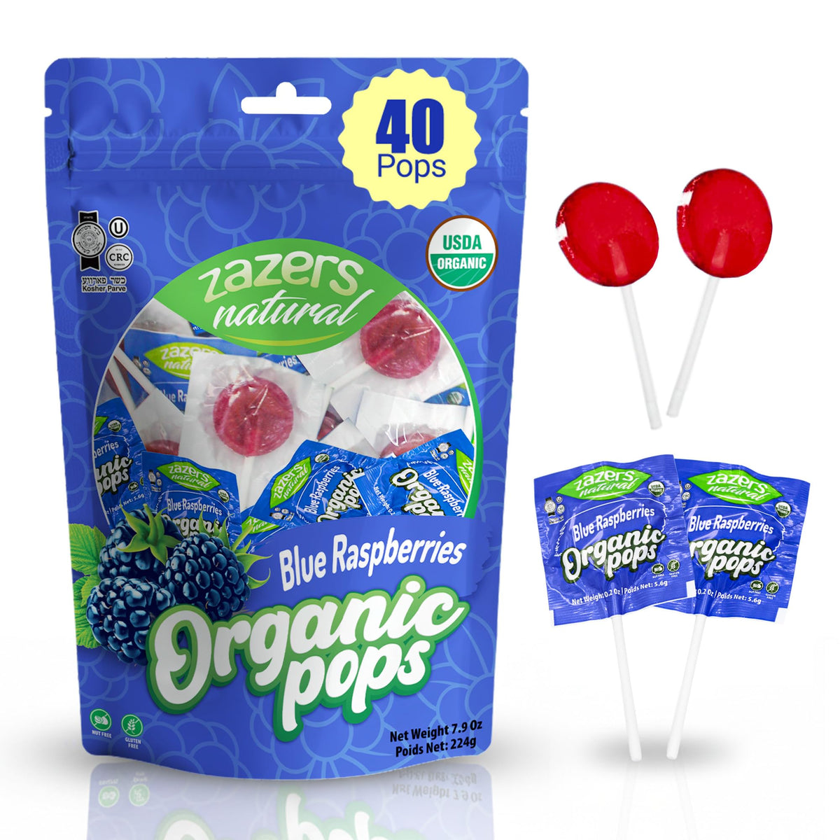 Zazers front-of-bag showing organic label and 40 count benefit