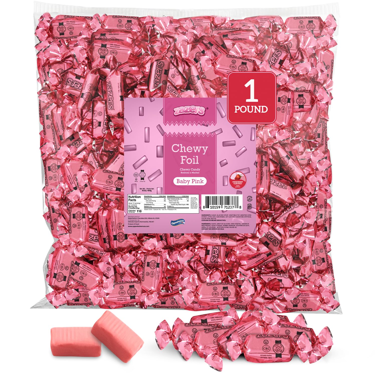 Zazers front packaging showing 1 lb bag and pink wrappers for easy event use