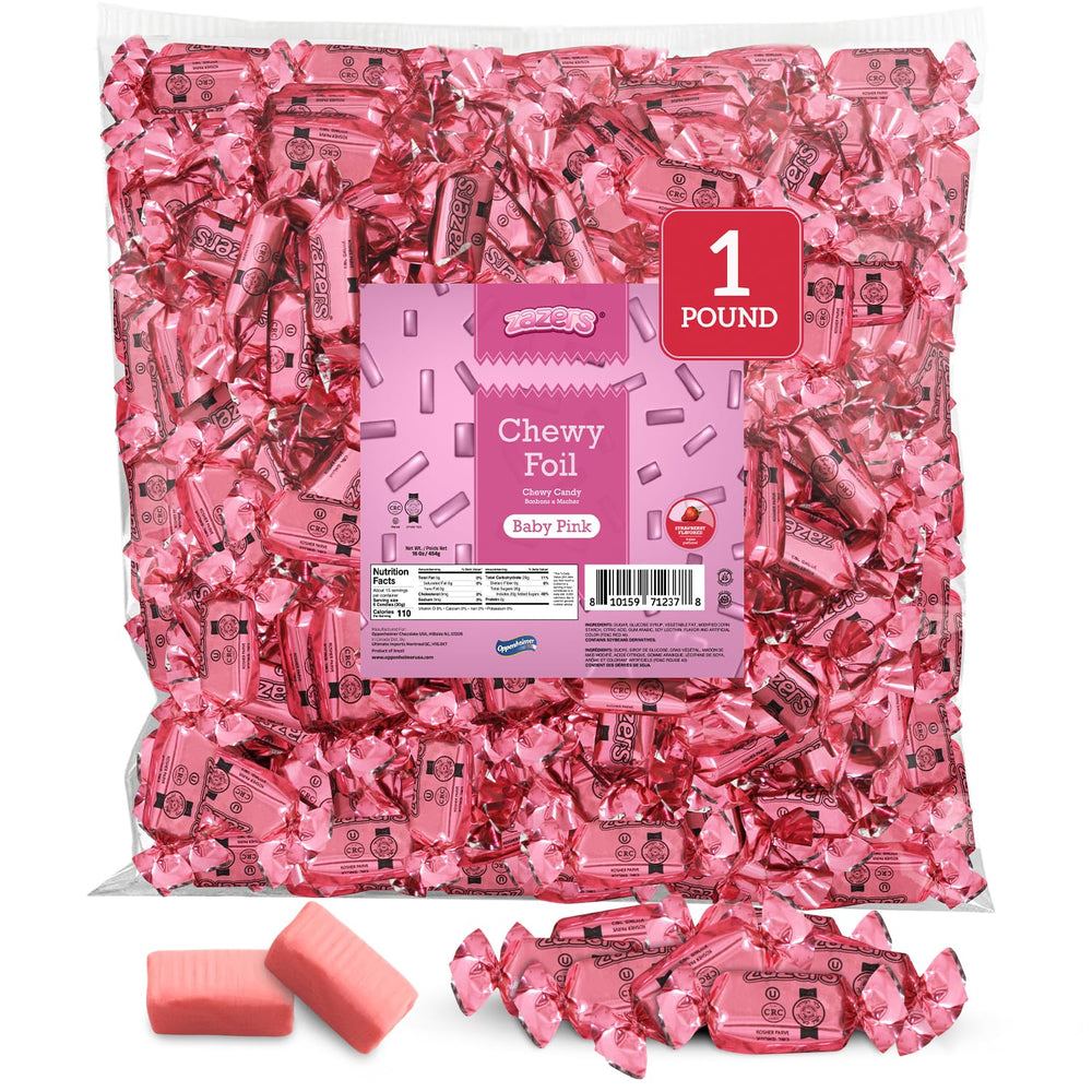 Zazers front packaging showing 1 lb bag and pink wrappers for easy event use