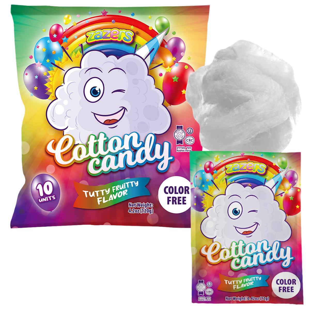 Zazers front packaging showing ten white Tutti Frutti bags, convenient party favors