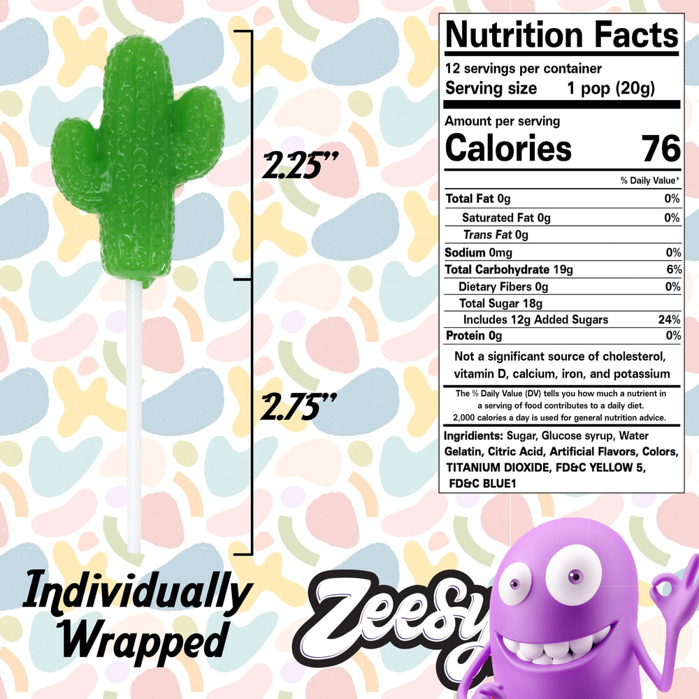 Zeesy close-up of cactus-shaped lollipop texture highlighting bright color and molded detail