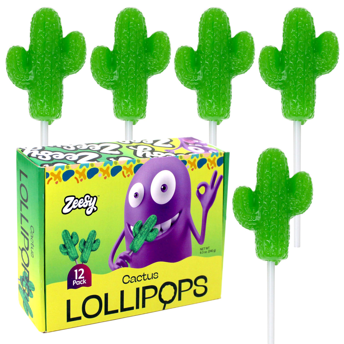 Zeesy front packaging of 12 cactus lollipops showing festive design and ready-to-use favors
