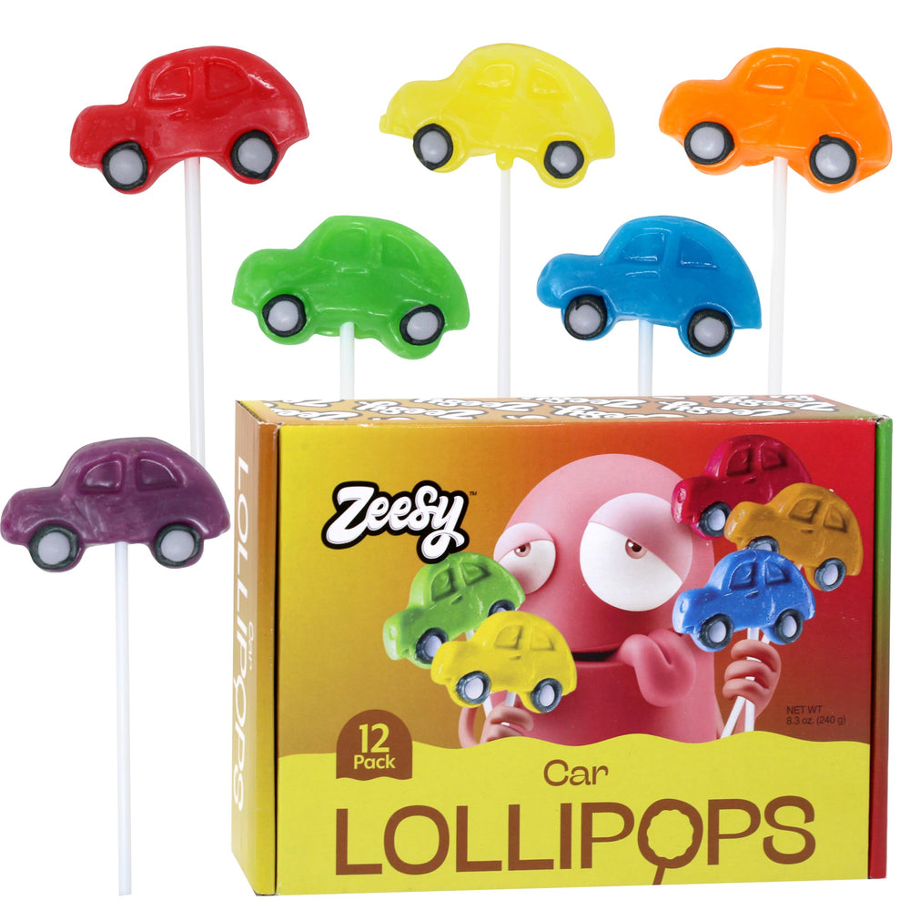 Zeesy front packaging showing 12 car lollipops, bright party-ready appeal