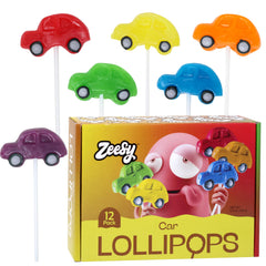 Zeesy front packaging showing 12 car lollipops, bright party-ready appeal