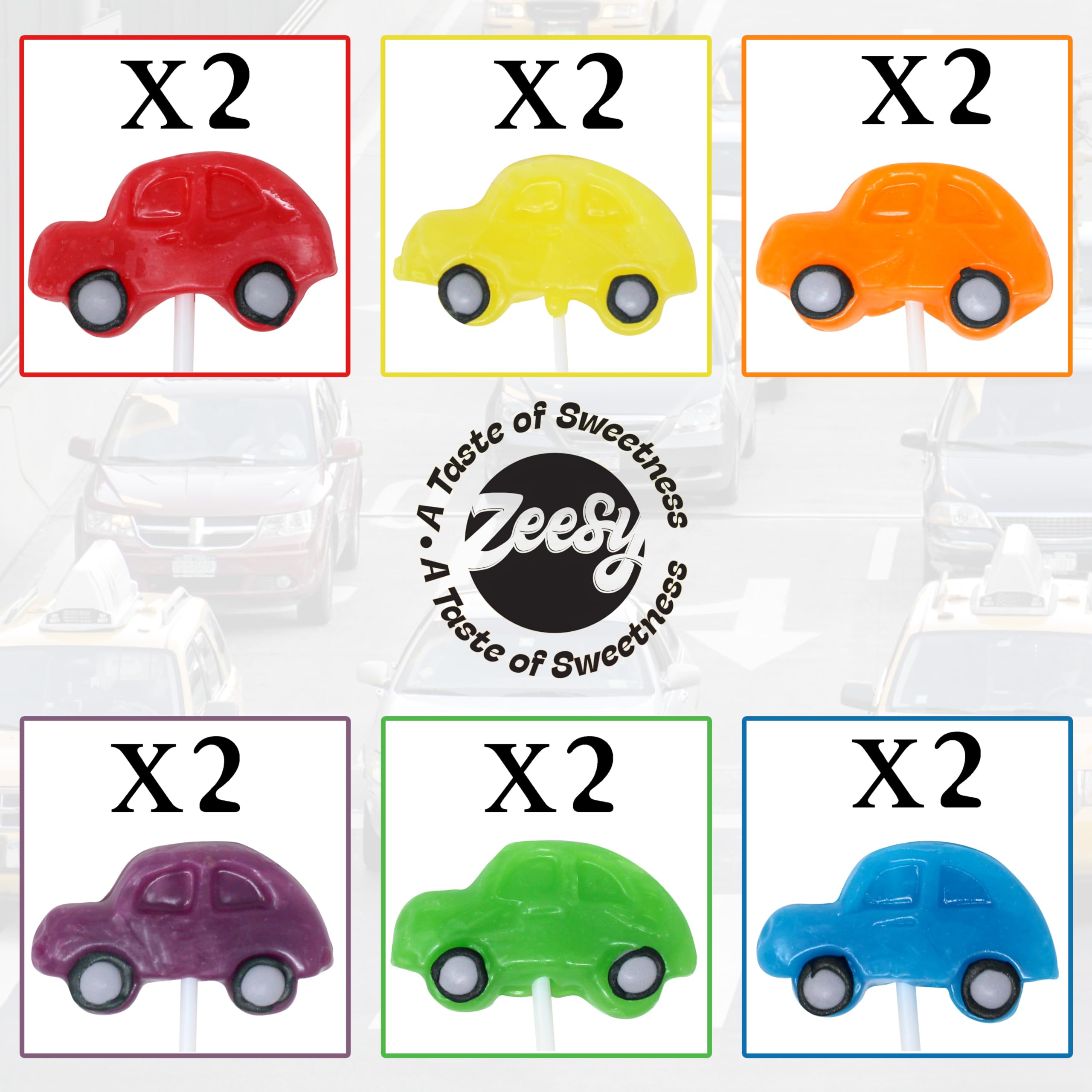 Zeesy individually wrapped car lollipops in a pile, convenient distribution benefit