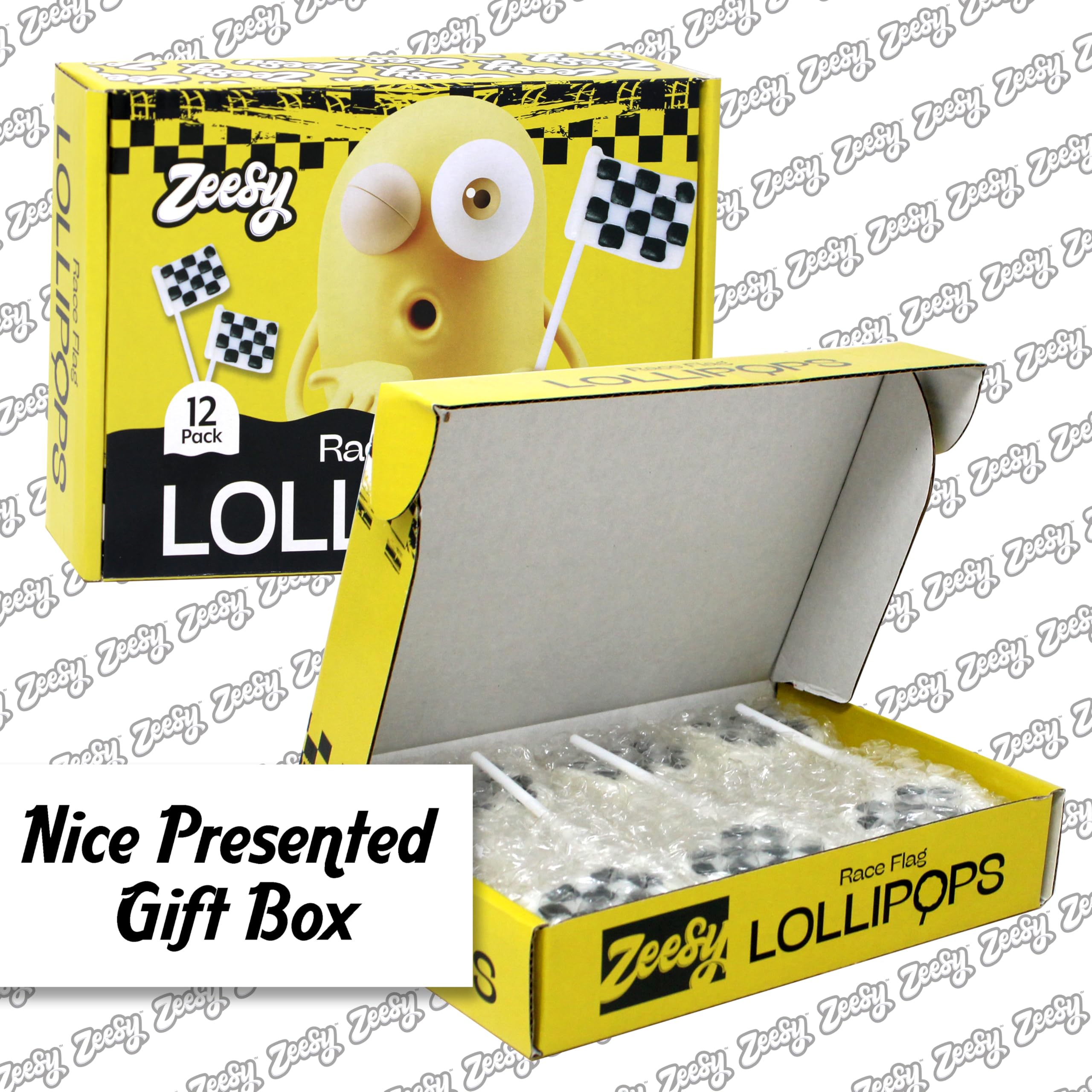 Zeesy close-up of checkered flag lollipop texture showing crisp flag detail for authentic race look