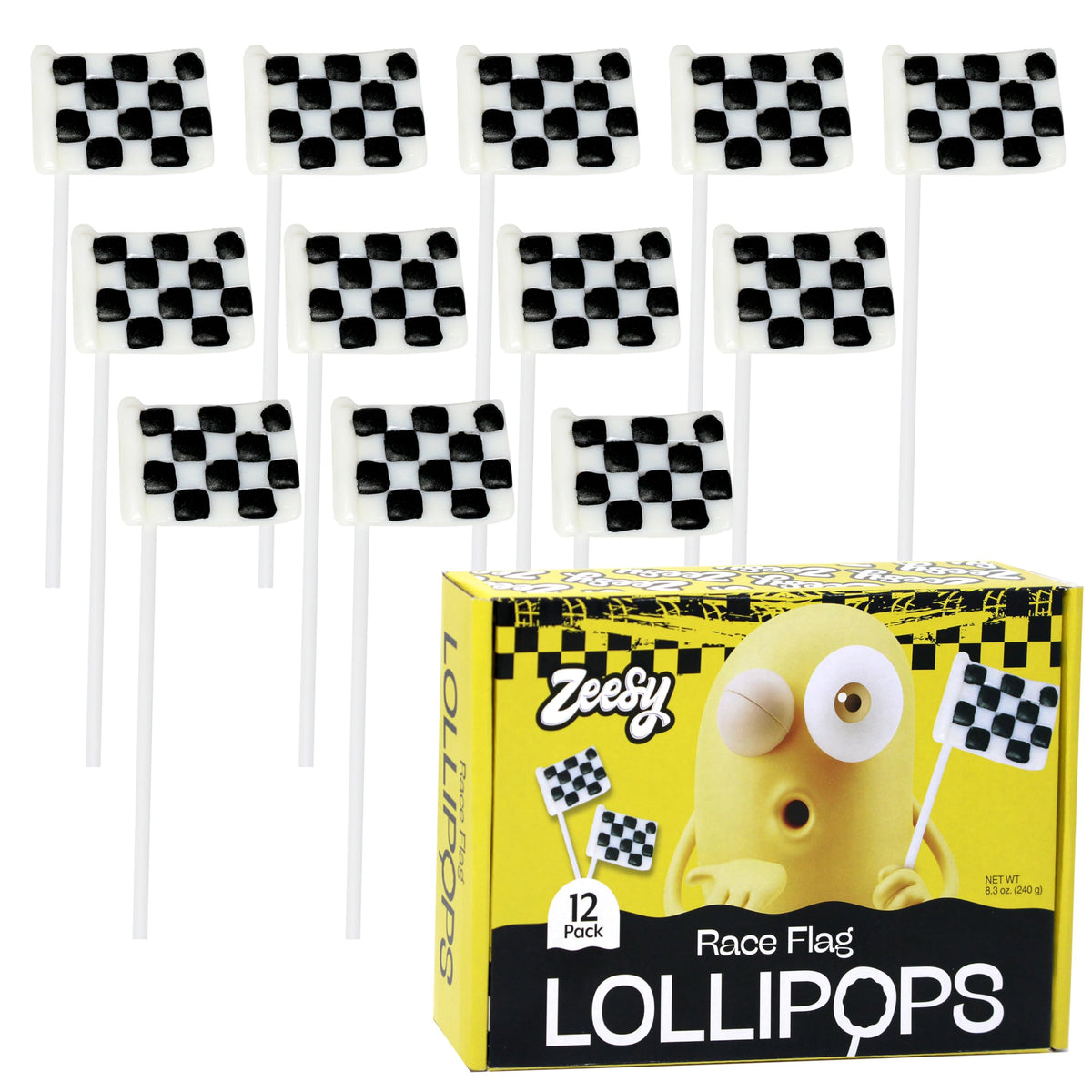 Zeesy front packaging showing 12 checkered flag lollipops and clear branding for easy party planning