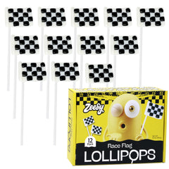 Zeesy front packaging showing 12 checkered flag lollipops and clear branding for easy party planning