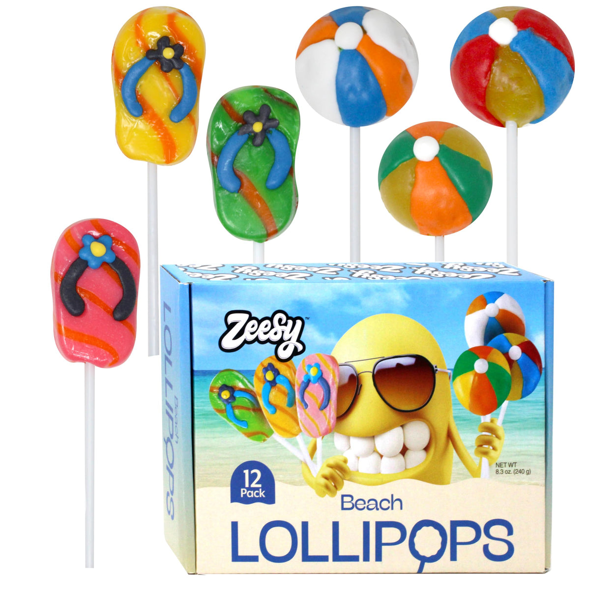 Zeesy front packaging showing colorful beach ball and flip flop lollipops for eye-catching treats