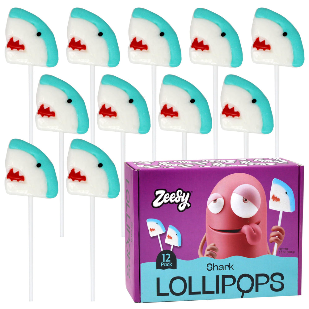 Zeesy front packaging showing 12 shark lollipops, bright and ready to serve
