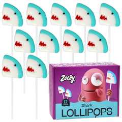 Zeesy front packaging showing 12 shark lollipops, bright and ready to serve
