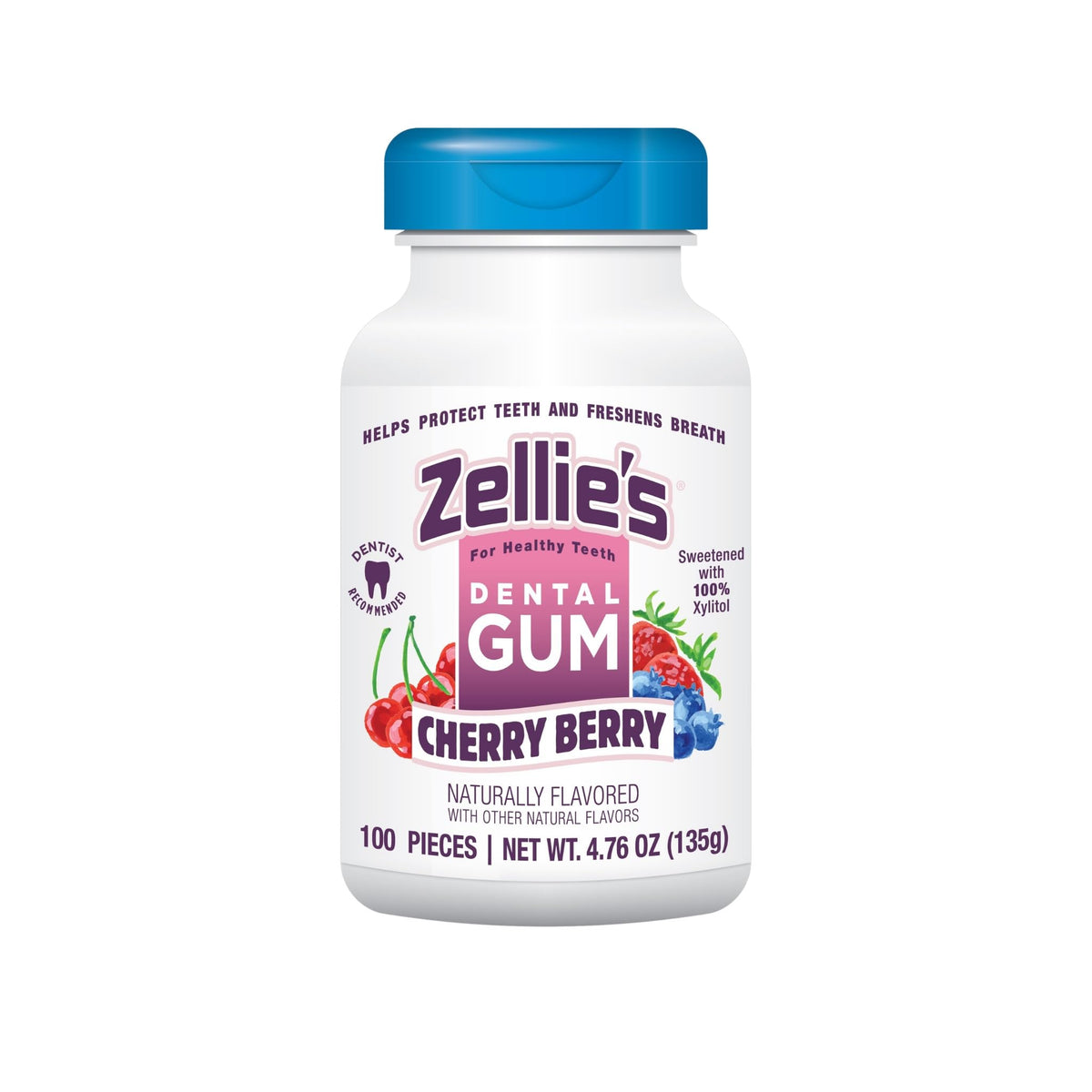 Zellie's front packaging showing cherry berry tub and brand benefits
