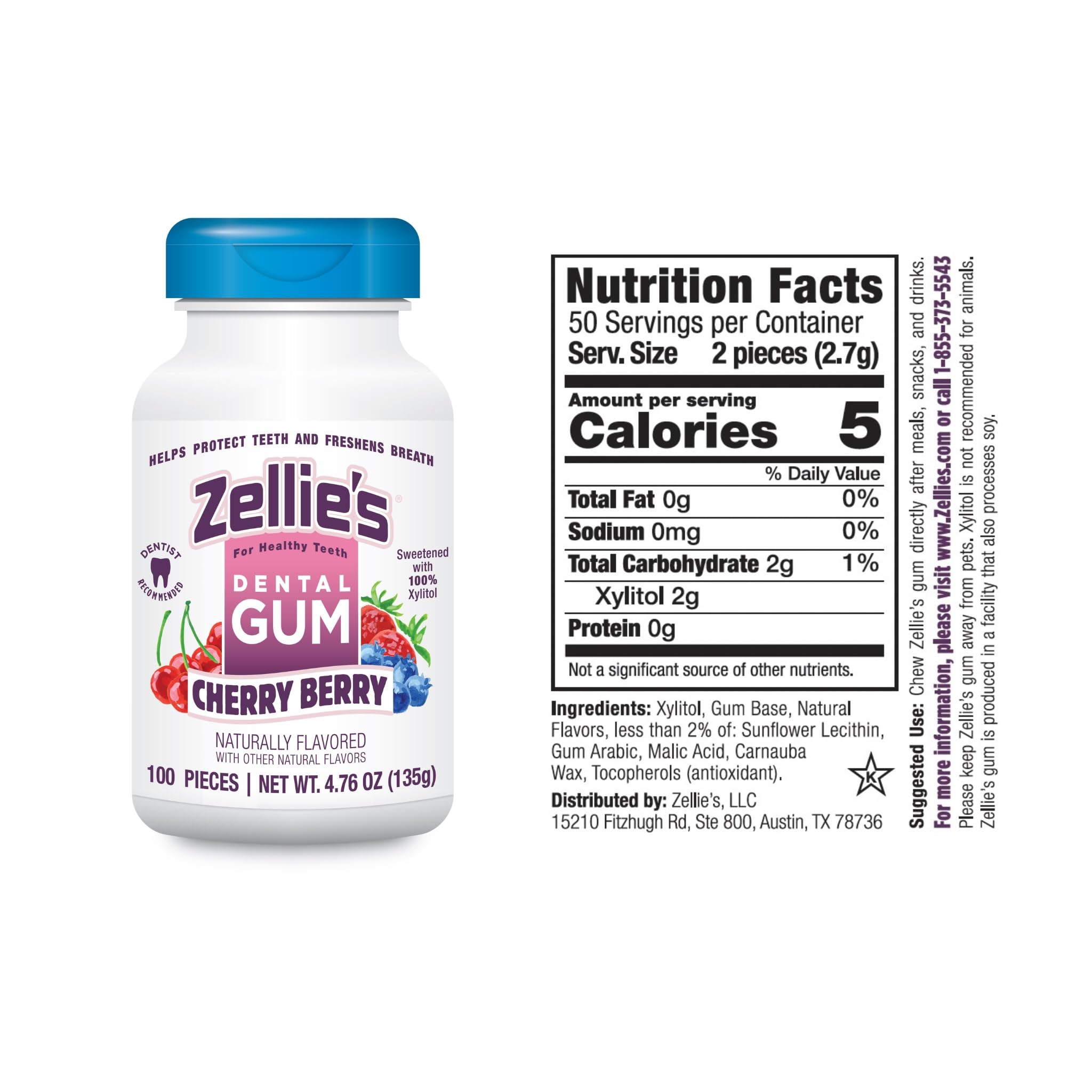 Zellie's open tub displaying many cherry berry xylitol gum pieces for convenience