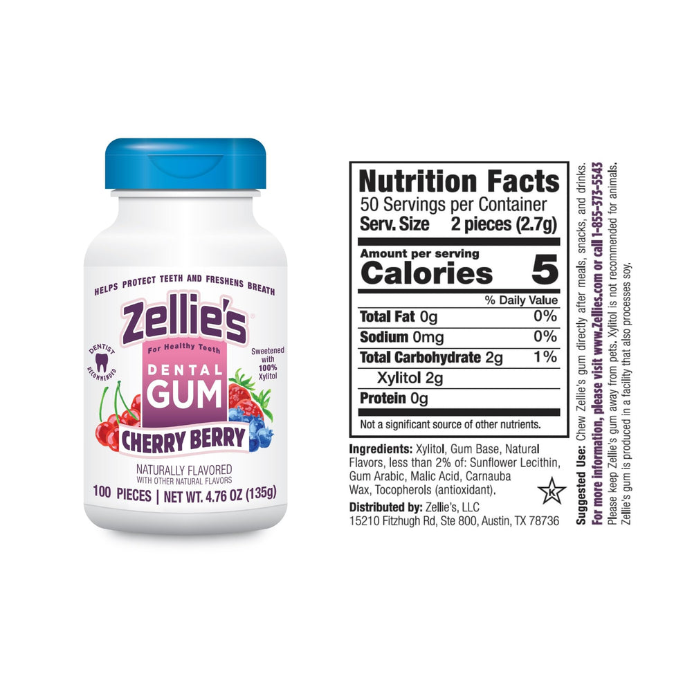 Zellie's open tub displaying many cherry berry xylitol gum pieces for convenience