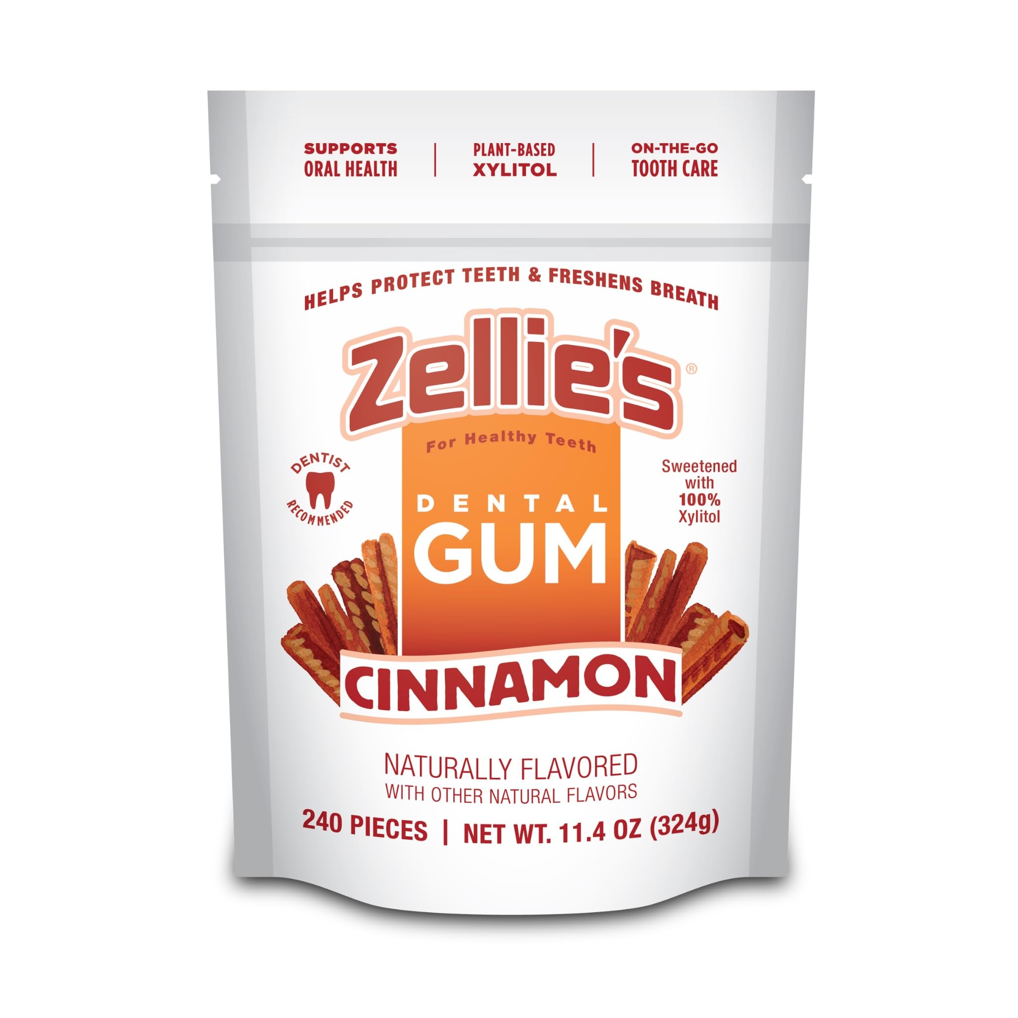 Zellie's front packaging showing cinnamon gum and product size benefit