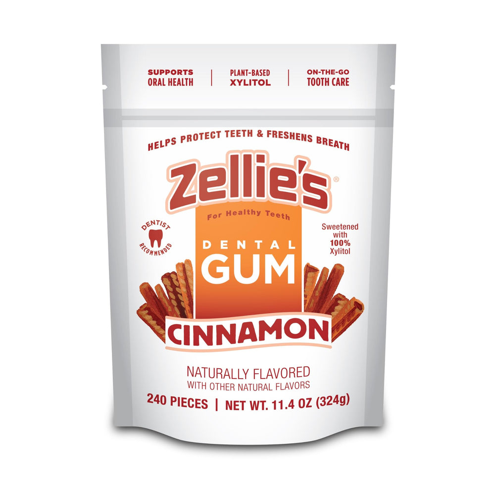 Zellie's front packaging showing cinnamon gum and product size benefit