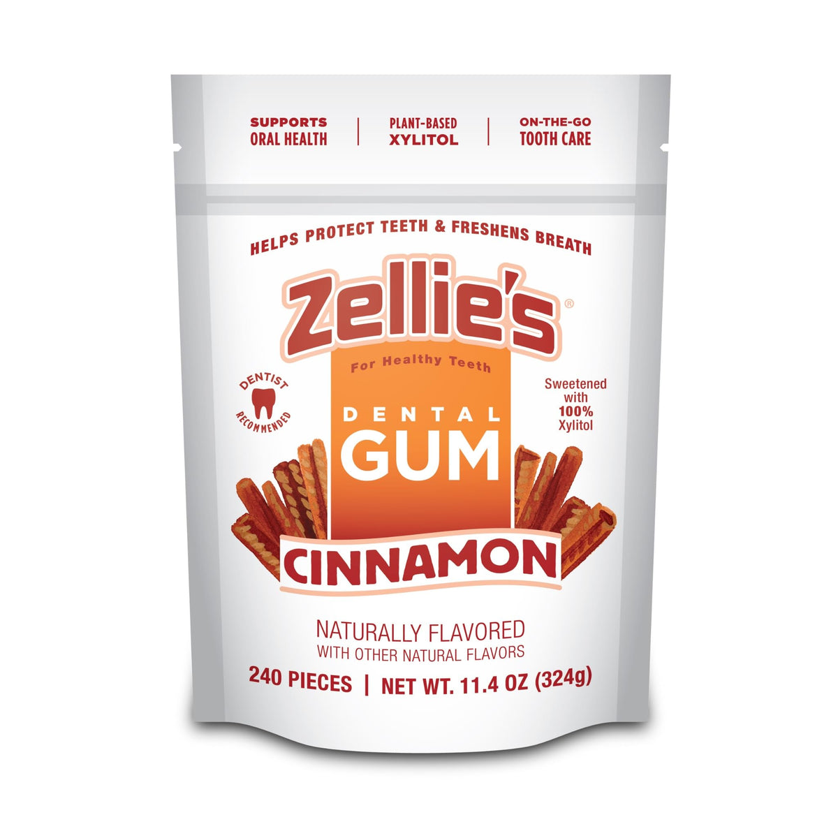 Zellie's front packaging showing cinnamon gum and product size benefit