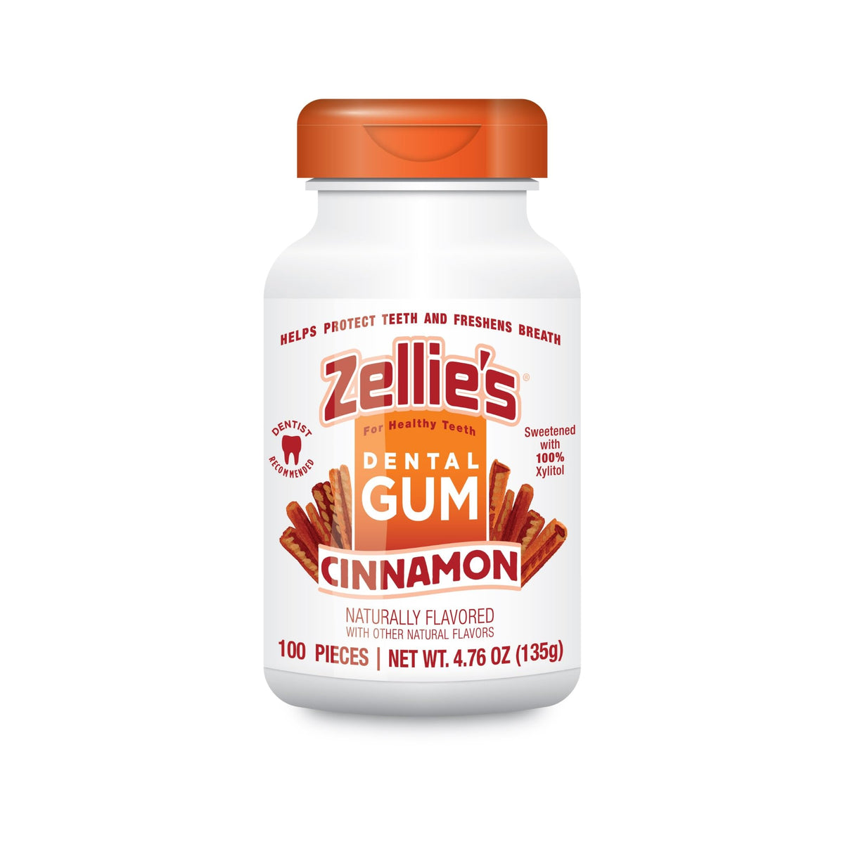 Zellie's front packaging showing cinnamon gum and 100-count benefit