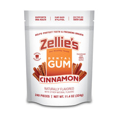 Zellie's front packaging showing cinnamon gum and product size benefit