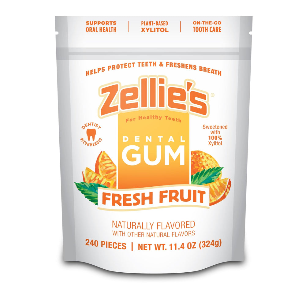 Zellie's front packaging showing 240-count and fresh fruit branding for convenient supply