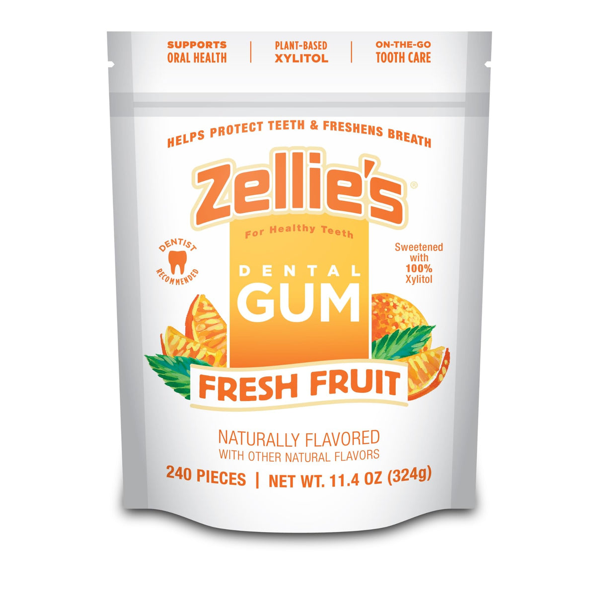 Zellie's front packaging showing 240-count and fresh fruit branding for convenient supply
