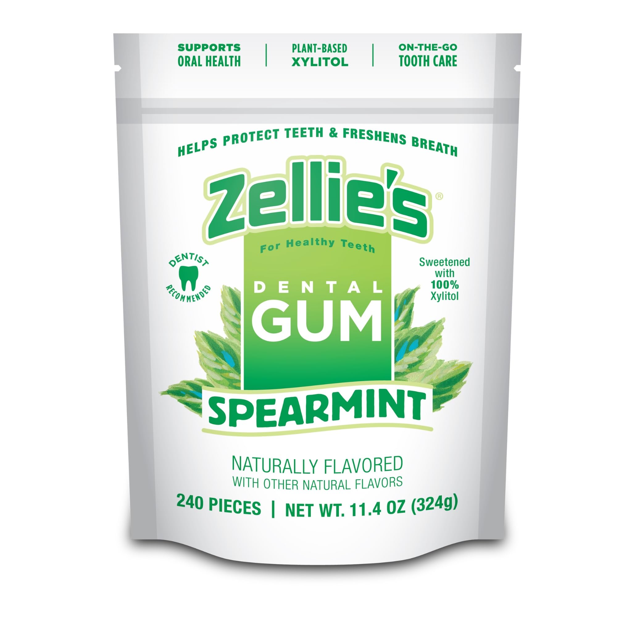 Zellie's spearmint front packaging showing count and xylitol benefit