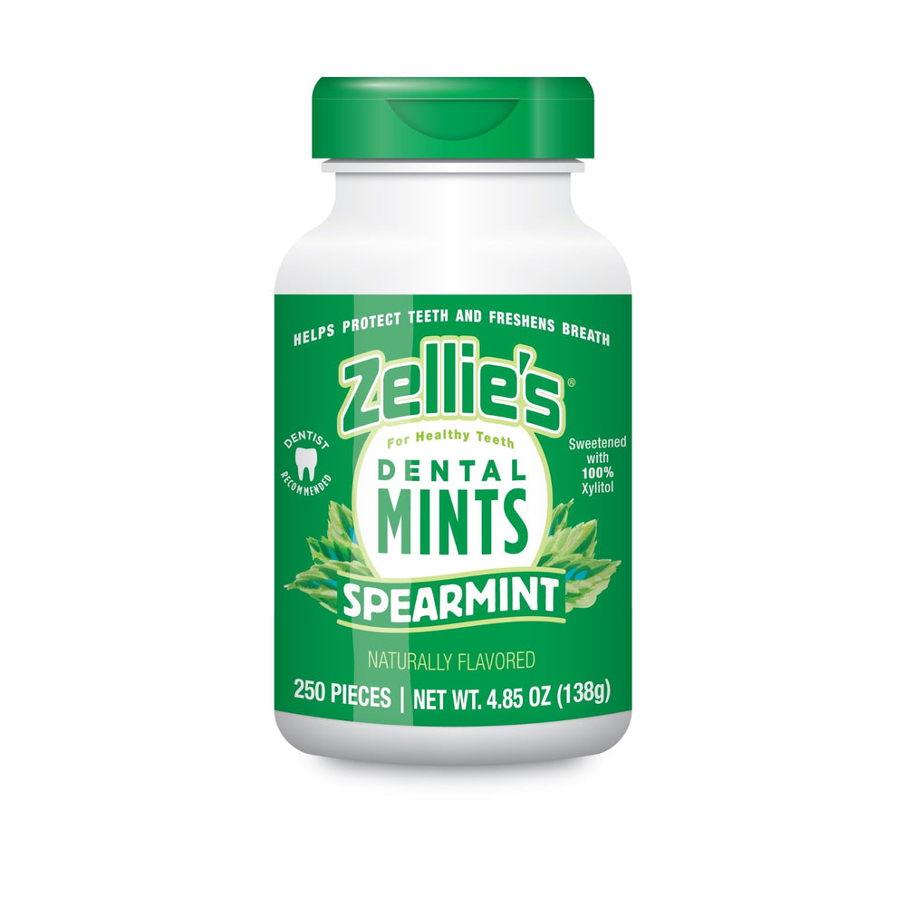 Zellie's spearmint front packaging showing compact mint tin and benefit freshness