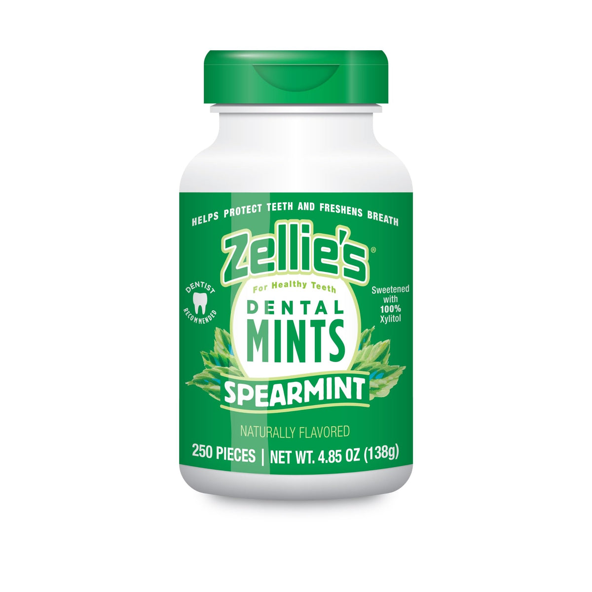 Zellie's spearmint front packaging showing compact mint tin and benefit freshness